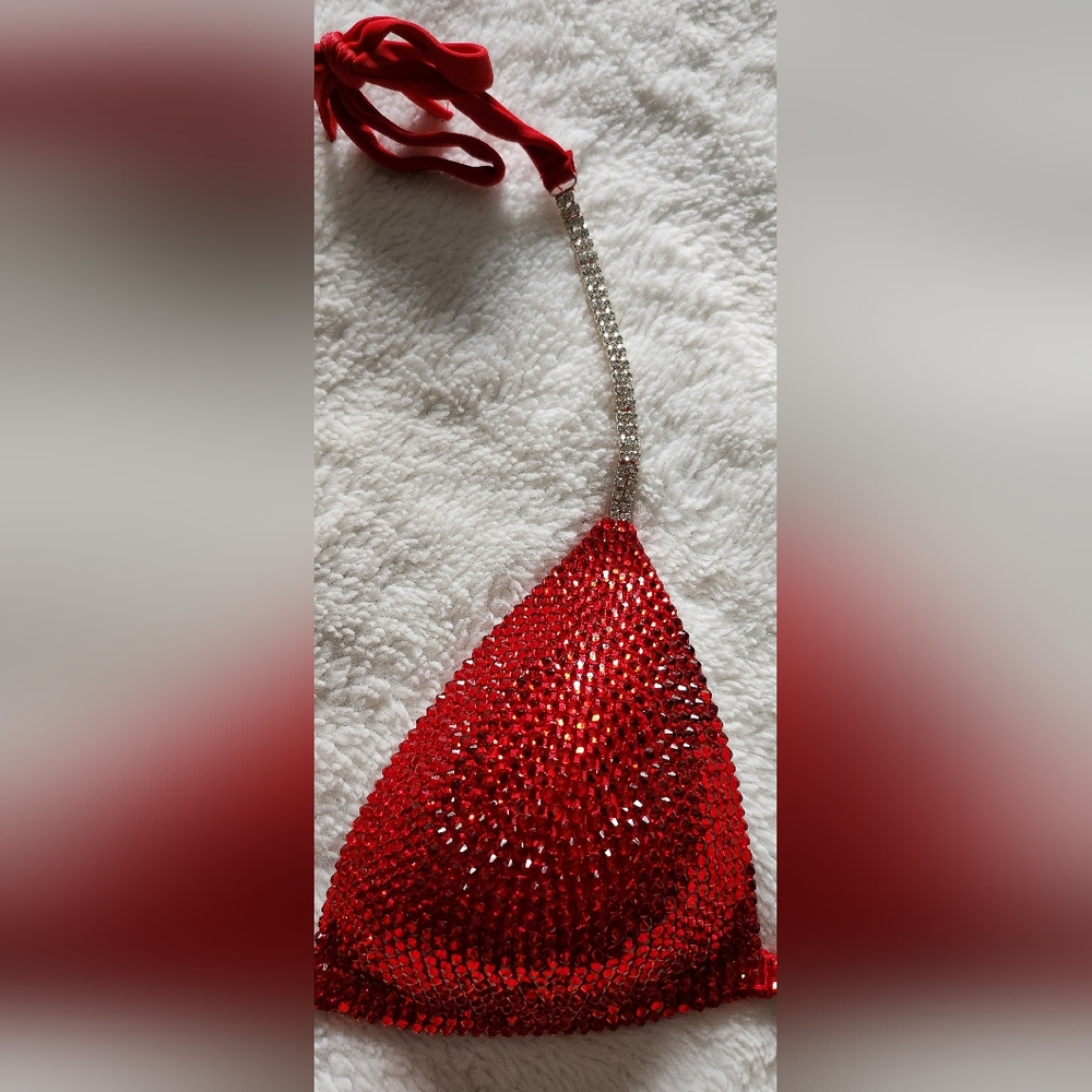 Red Crystal Embellished Bikini Set with Rhinestone Accents - Picture 5 of 8